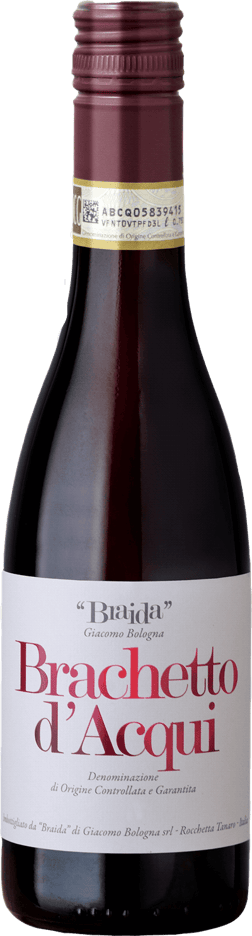 En glasflaska med Braida Brachetto d´Acqui 2024, ett rött vin från Piemonte i Italien