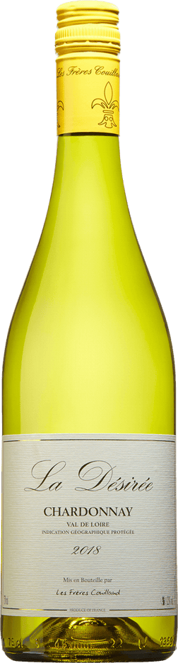 En lättare glasflaska med La Désirée Chardonnay 2022, ett vitt vin från Loiredalen i Frankrike
