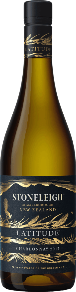 En lättare glasflaska med Stoneleigh Latitude Chardonnay 2021, ett vitt vin från Marlborough i Nya Zeeland