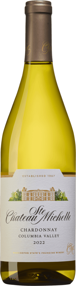 En glasflaska med Chateau Ste Michelle Chardonnay 2022, ett vitt vin från Washington State i USA