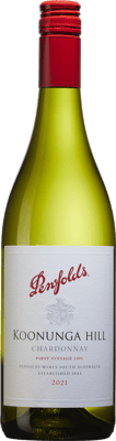 En lättare glasflaska med Penfolds Koonunga Hill Chardonnay, ett vitt vin från South Australia i Australien