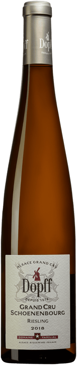 En glasflaska med Dopff Schoenenbourg Grand Cru 2018, ett vitt vin från Alsace i Frankrike