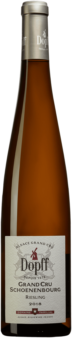 En glasflaska med Dopff Schoenenborg Grand Cru Riesling 2018, ett vitt vin från Alsace i Frankrike