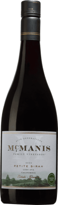 En lättare glasflaska med McManis Petite Sirah, ett rött vin från Kalifornien i USA