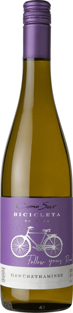 En glasflaska med Cono Sur Bicicleta Gewürztraminer 2023, ett vitt vin från Région del Sur i Chile