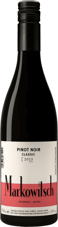 En lättare glasflaska med Markowitsch Classic Pinot Noir, ett rött vin från Burgenland i Österrike
