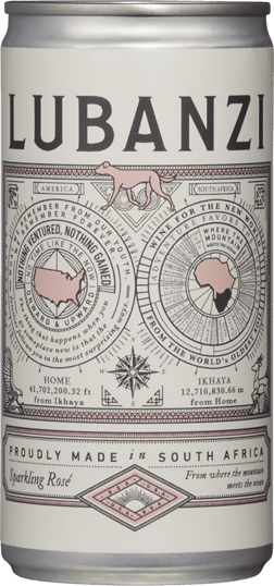 En burk med Lubanzi Sparkling Cinsault Rosé, en mousserande från Western Cape i Sydafrika