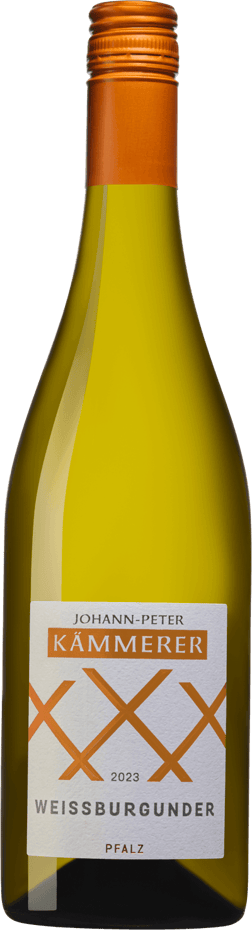 En lättare glasflaska med J.P Kämmerer Weissburgunder Trocken 2023, ett vitt vin från Pfalz i Tyskland