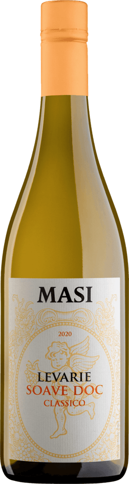 En lättare glasflaska med Masi Levarìe Soave DOC Classico 2023, ett vitt vin från Venetien i Italien