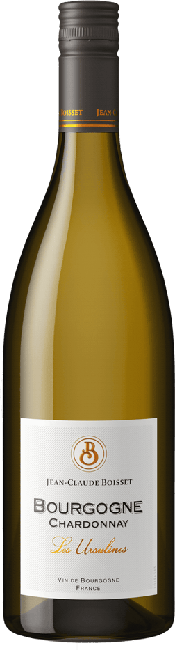 En glasflaska med Boisset Bourgogne Chardonnay Les Ursulines 2019, ett vitt vin från Bourgogne i Frankrike
