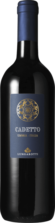 En lättare glasflaska med Lungarotti Cadetto, ett rött vin från Umbrien i Italien