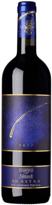 En lättare glasflaska med Ad Astra Nittardi 2018, ett rött vin från Toscana i Italien