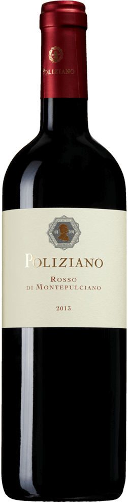 En glasflaska med Poliziano Rosso di Montepulciano 2023, ett rött vin från Toscana i Italien
