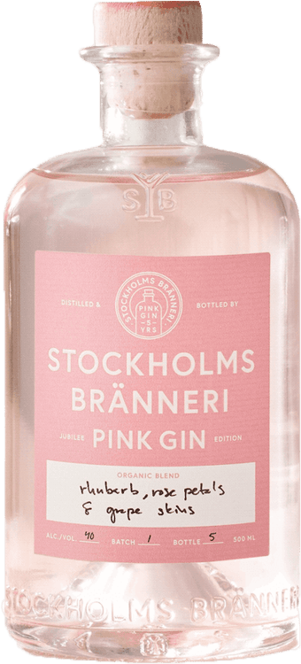 En lättare glasflaska med Stockholms Bränneri Pink Gin, en gin & Genever från Stockholms län i Sverige