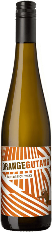 En lättare glasflaska med Orangegutang, ett vitt vin från Österrike