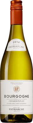 En lättare glasflaska med Patriarche Bourgogne Chardonnay Cuvée des Visitandines 2019, ett vitt vin från Bourgogne i Frankrike