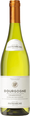 En lättare glasflaska med Patriarche Bourgogne Chardonnay Cuvée des Visitandines 2019, ett vitt vin från Bourgogne i Frankrike