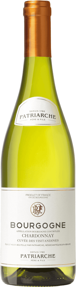 En lättare glasflaska med Patriarche Bourgogne Chardonnay Cuvée des Visitandines 2023, ett vitt vin från Bourgogne i Frankrike