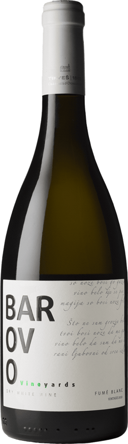 En glasflaska med Tikveš Winery Barovo White 2022, ett vitt vin från Nordmakedonien