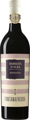 En glasflaska med Fontanafredda Raimonda Barbera d’Alba 2019, ett rött vin från Piemonte i Italien