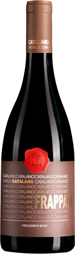En glasflaska med Frappato Catalano 2022, ett rött vin från Sicilien i Italien
