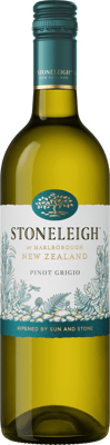 En glasflaska med Stoneleigh Pinot Grigio 2020, ett vitt vin från Marlborough i Nya Zeeland
