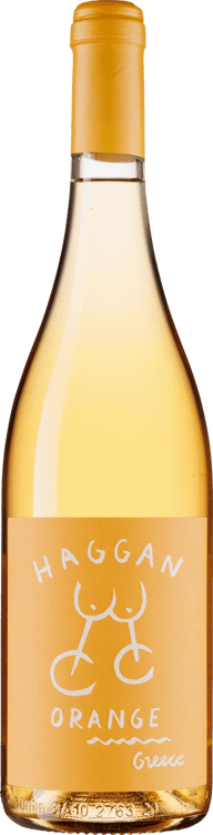 En glasflaska med Haggan Orange, ett vitt vin från Grekland