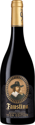 En glasflaska med Faustino Icon Edition Reserva 2014, ett champagne från Champagne i Frankrike