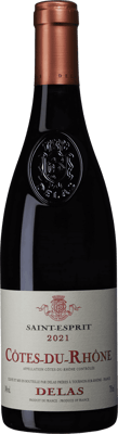 En glasflaska med Delas Saint-Esprit Côtes du Rhône, ett rött vin från Rhonedalen i Frankrike