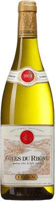 En glasflaska med Côtes-du-Rhône Blanc, ett vitt vin från Rhonedalen i Frankrike