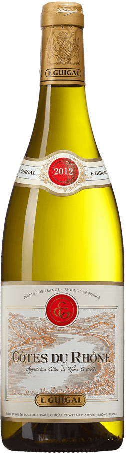 En glasflaska med E. Guigal Côtes du Rhône Blanc 2024, ett vitt vin från Rhonedalen i Frankrike