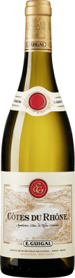 En glasflaska med Côtes-du-Rhône Blanc, ett vitt vin från Rhonedalen i Frankrike