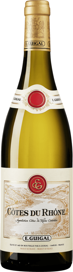 En glasflaska med E. Guigal Côtes du Rhône Blanc 2024, ett vitt vin från Rhonedalen i Frankrike