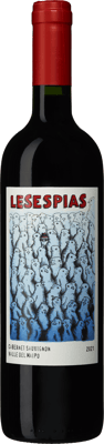 En glasflaska med Moretta Wines Les Espias, ett rött vin från Valle Central i Chile