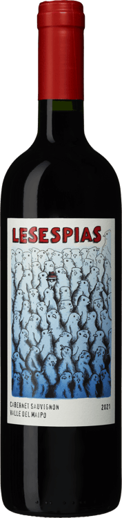 En glasflaska med Moretta Wines Les Espias, ett rött vin från Valle Central i Chile