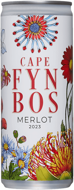 En burk med Cape Fynbos Merlot 2023, ett rött vin från Western Cape i Sydafrika