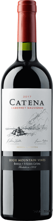En glasflaska med Catena Cabernet Sauvignon 2019, ett rött vin från Cuyo i Argentina