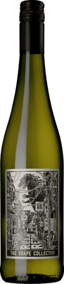 En lättare glasflaska med Riesling Returns The Grape Collective, ett vitt vin från Rheingau i Tyskland