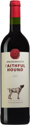 En glasflaska med Mulderbosch Faithful Hound, ett rött vin från Western Cape i Sydafrika