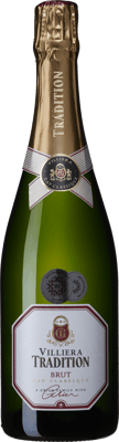 En glasflaska med Villiera Tradition Brut, ett mousserande vin från Sydafrika