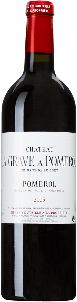 En glasflaska med Château La Grave à Pomerol Trigant de Boisset 2016, ett rött vin från Bordeaux i Frankrike