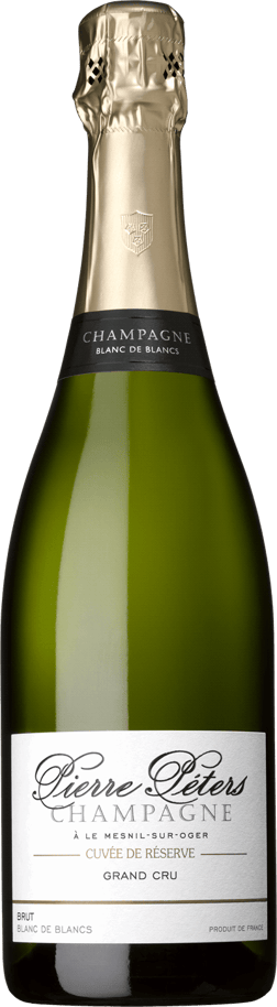 En glasflaska med Pierre Peters Cuvée de Réserve, ett champagne från Champagne i Frankrike