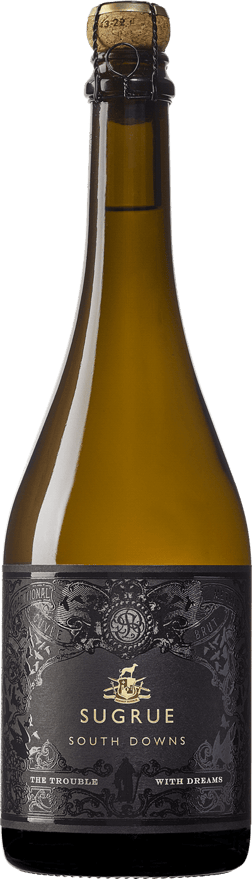 En glasflaska med Sugrue The Trouble with Dreams 2018, ett mousserande vin från England i Storbritannien