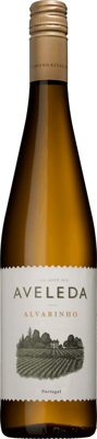 En lättare glasflaska med Aveleda Alvarinho 2020, ett vitt vin från Vinho Verde i Portugal