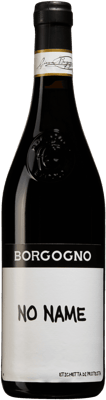 En glasflaska med Borgogno No Name, ett rött vin från Piemonte i Italien