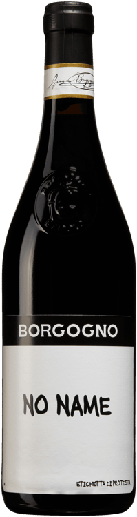 En glasflaska med Borgogno No Name, ett rött vin från Piemonte i Italien