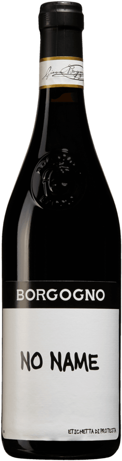 En glasflaska med Borgogno No Name, ett rött vin från Piemonte i Italien