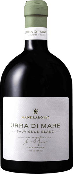 En glasflaska med Mandrarossa Urre di Mare Sauvignon Blanc 2021, ett vitt vin från Sicilien i Italien
