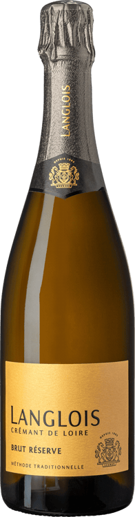 En glasflaska med Langlois Crémant de Loire Brut, en mousserande från Loiredalen i Frankrike