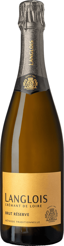 En glasflaska med Langlois Crémant de Loire Brut Réserve, en mousserande från Loiredalen i Frankrike